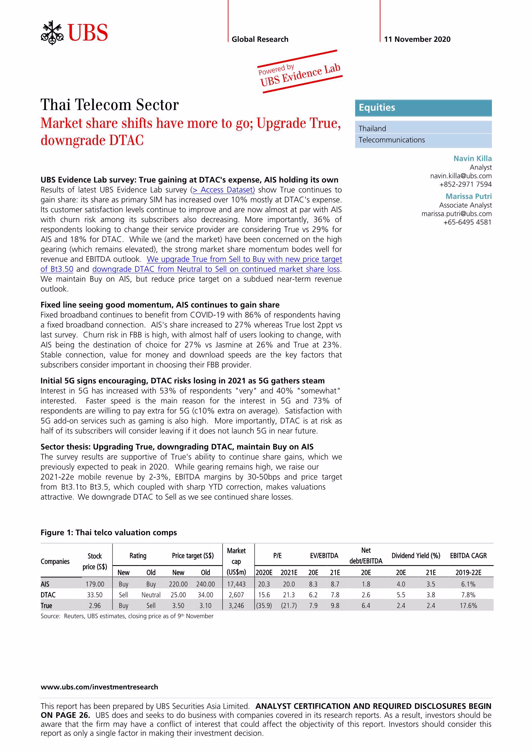 瑞银 亚太地区 电信行业 泰国电信业 市场份额的变化还有更长的路要走 11 11 35页 报告 报告厅