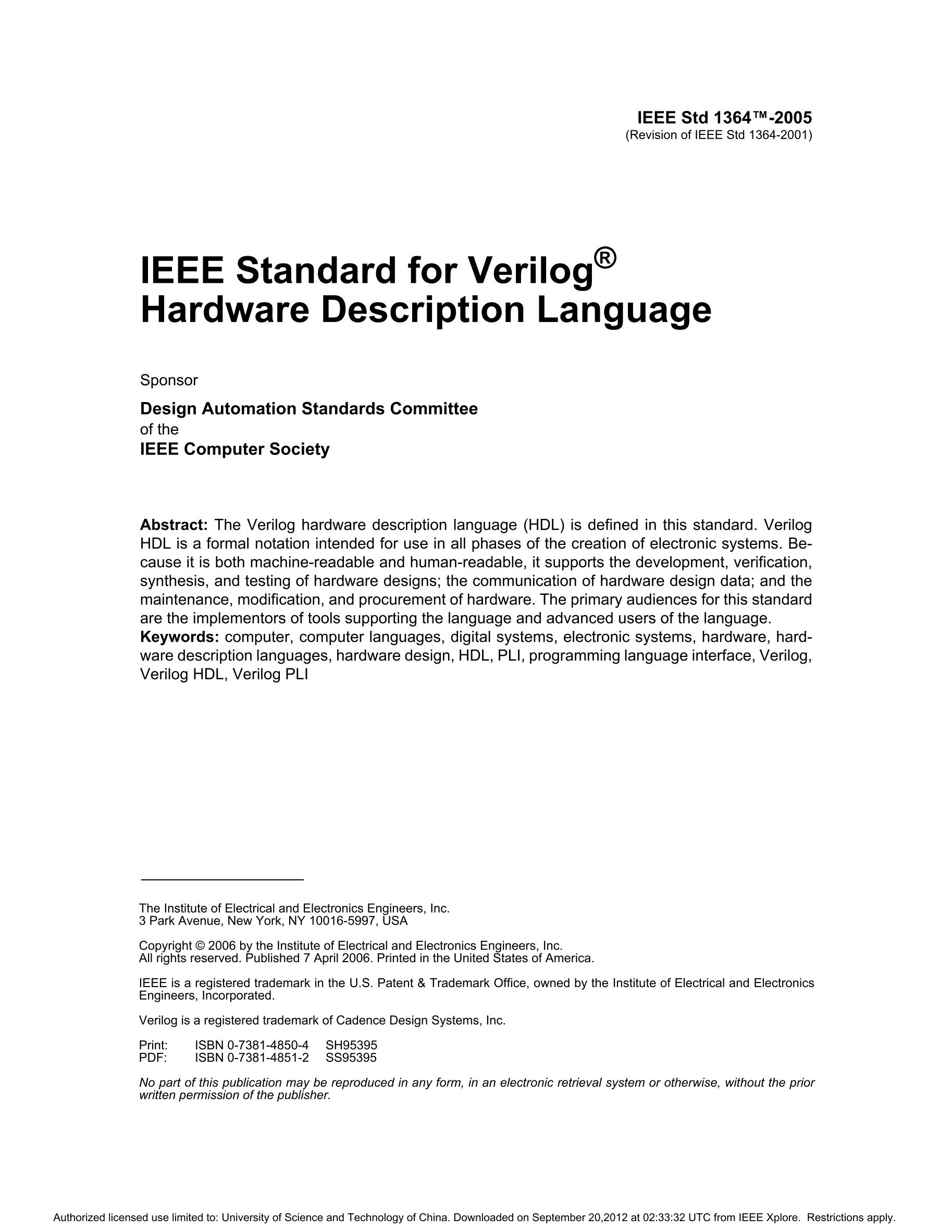 电子书IEEE Verilog ®硬件描述语言的标准（英）IEEE Standard for Verilog ® Hardware Description Language_文库报告厅