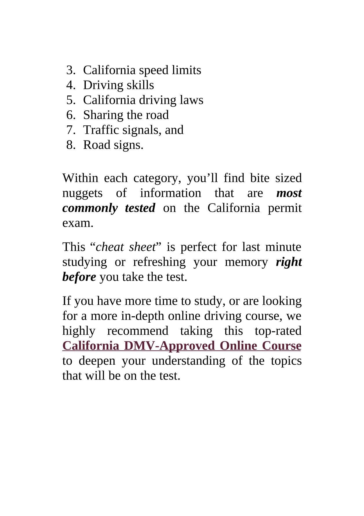 california dmv written test cheat sheet pdf